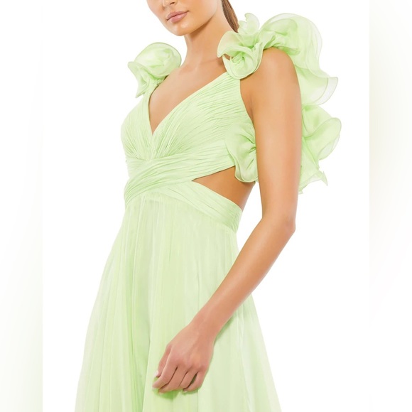 NEW Mac Duggal Indy Ruffle Tiered Cutout Chiffon Gown Mint Green Maxi Dress 4 - Picture 3 of 15